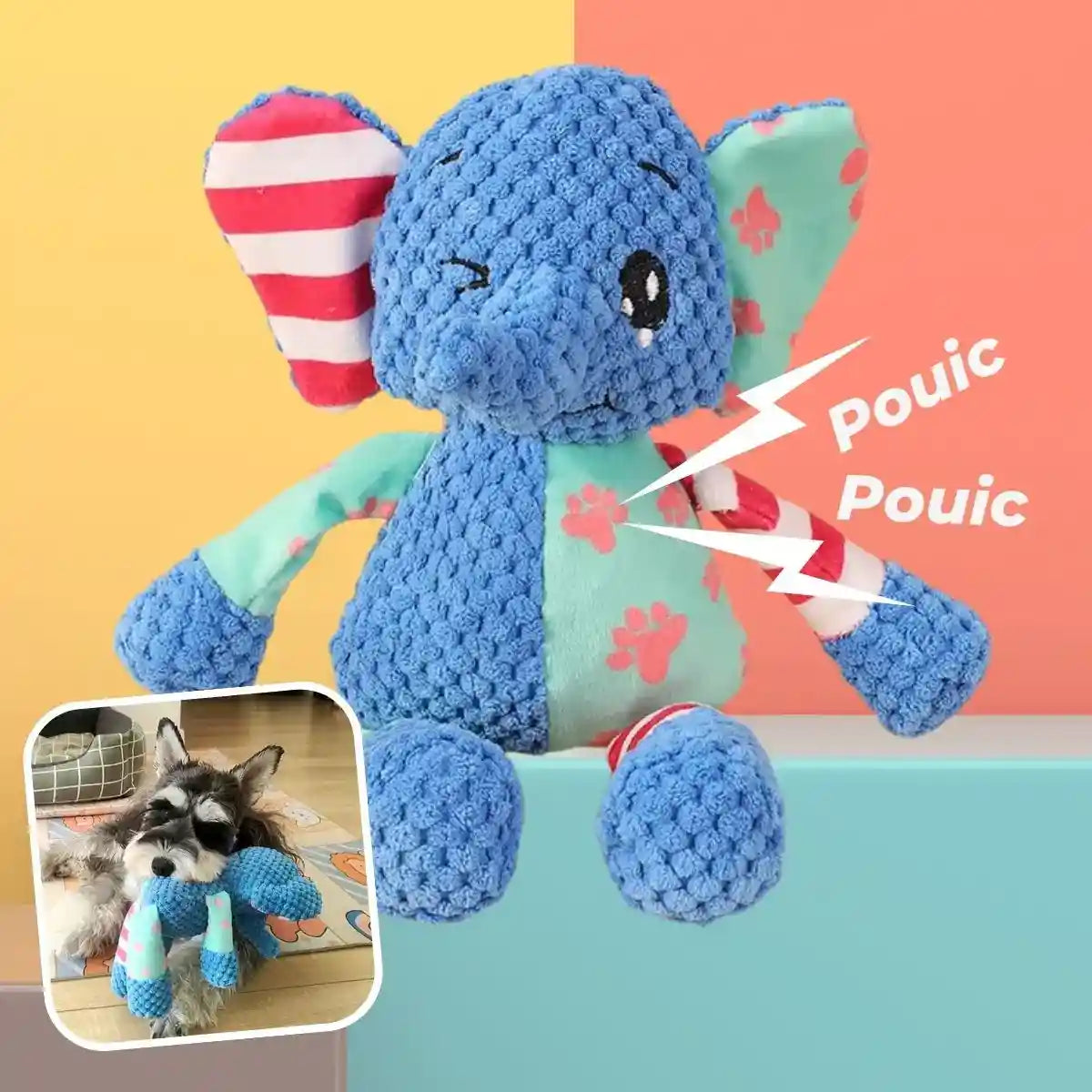 Peluche couineur pour chien Lucky™ modèle éléphant bleu, jouet doux et coloré