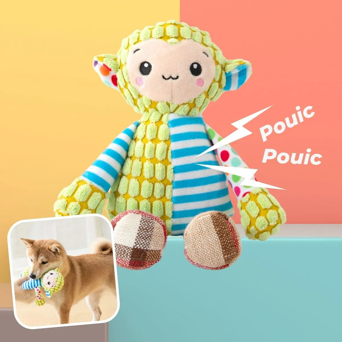 Peluche couineur pour chien Lucky™ modèle mouton jaune et bleu, doudou réconfortant
