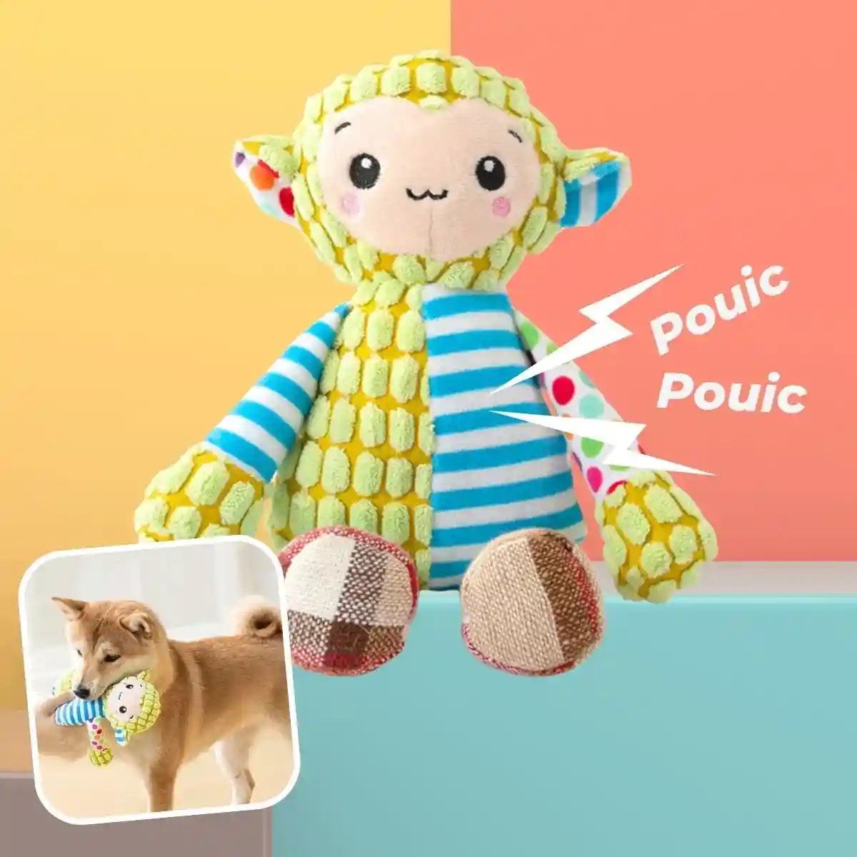 Peluche couineur pour chien Lucky™ modèle mouton jaune et bleu, doudou réconfortant