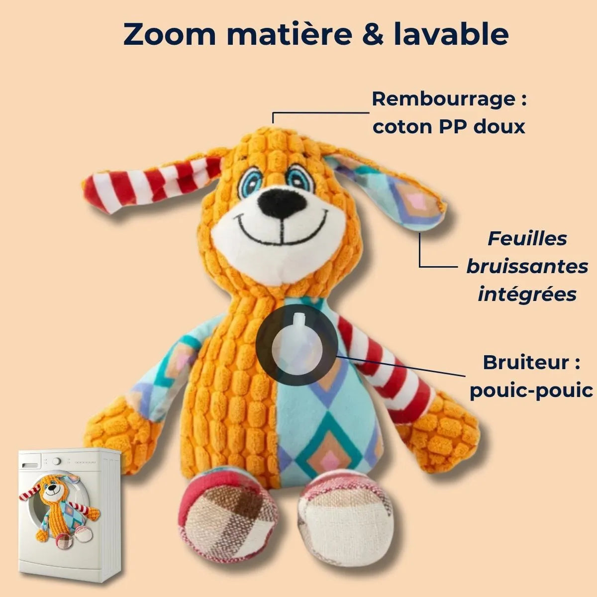 Zoom matière coton PP et bruiteur – peluche interactive pour chien douce et lavable