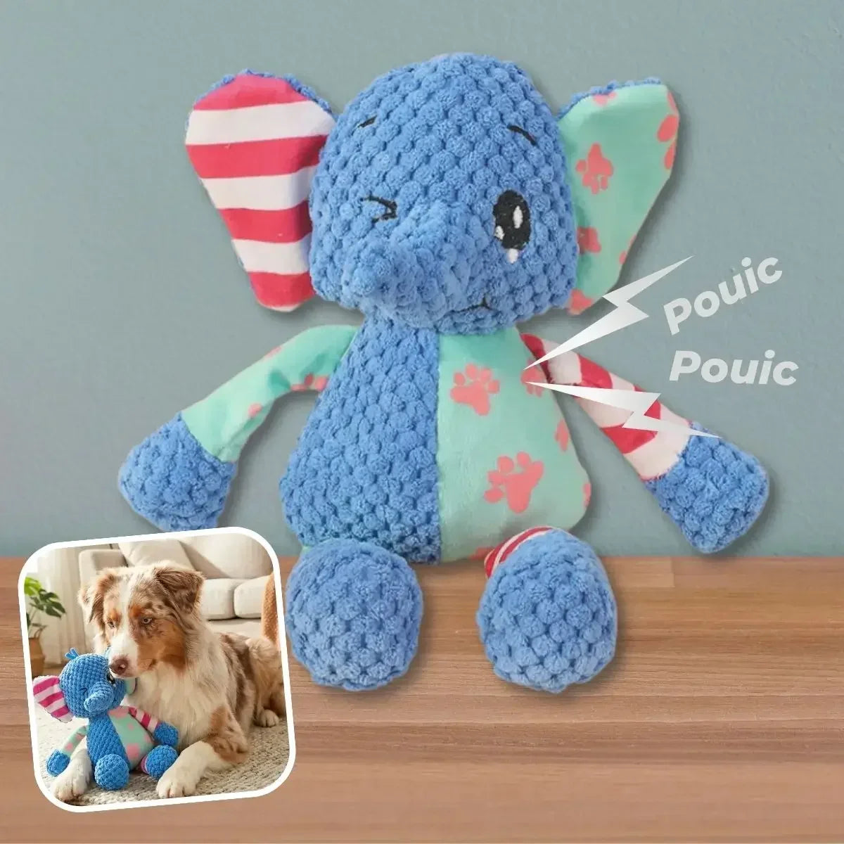 Peluche couineur pour chien Lucky™ modèle éléphant bleu, jouet doux et coloré