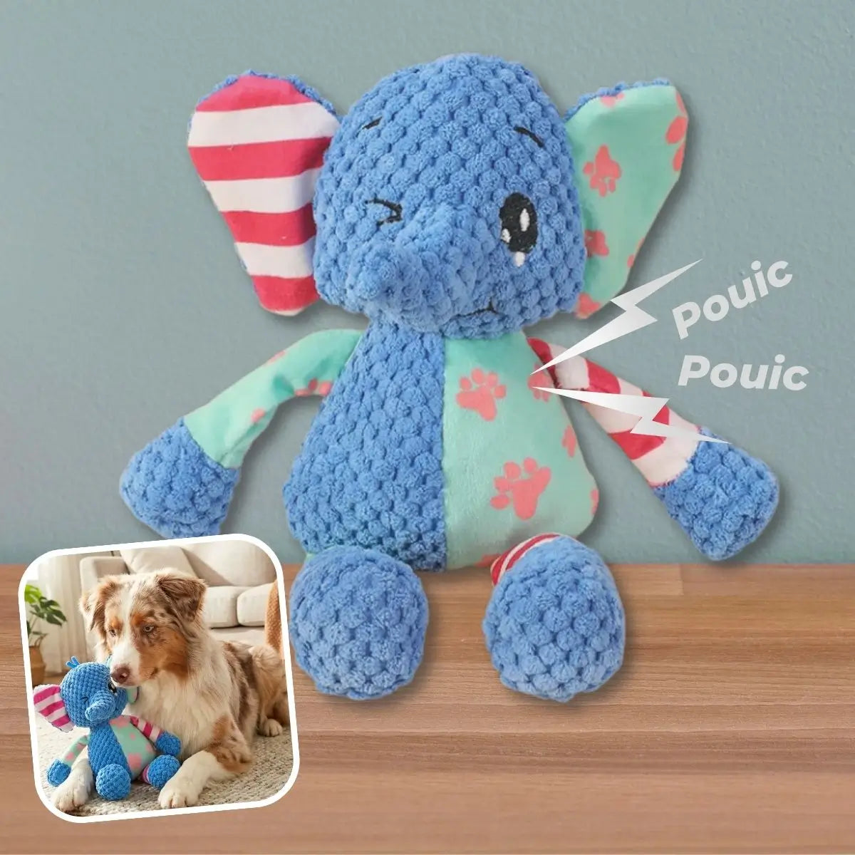 Peluche couineur pour chien Lucky™ modèle éléphant bleu, jouet doux et coloré