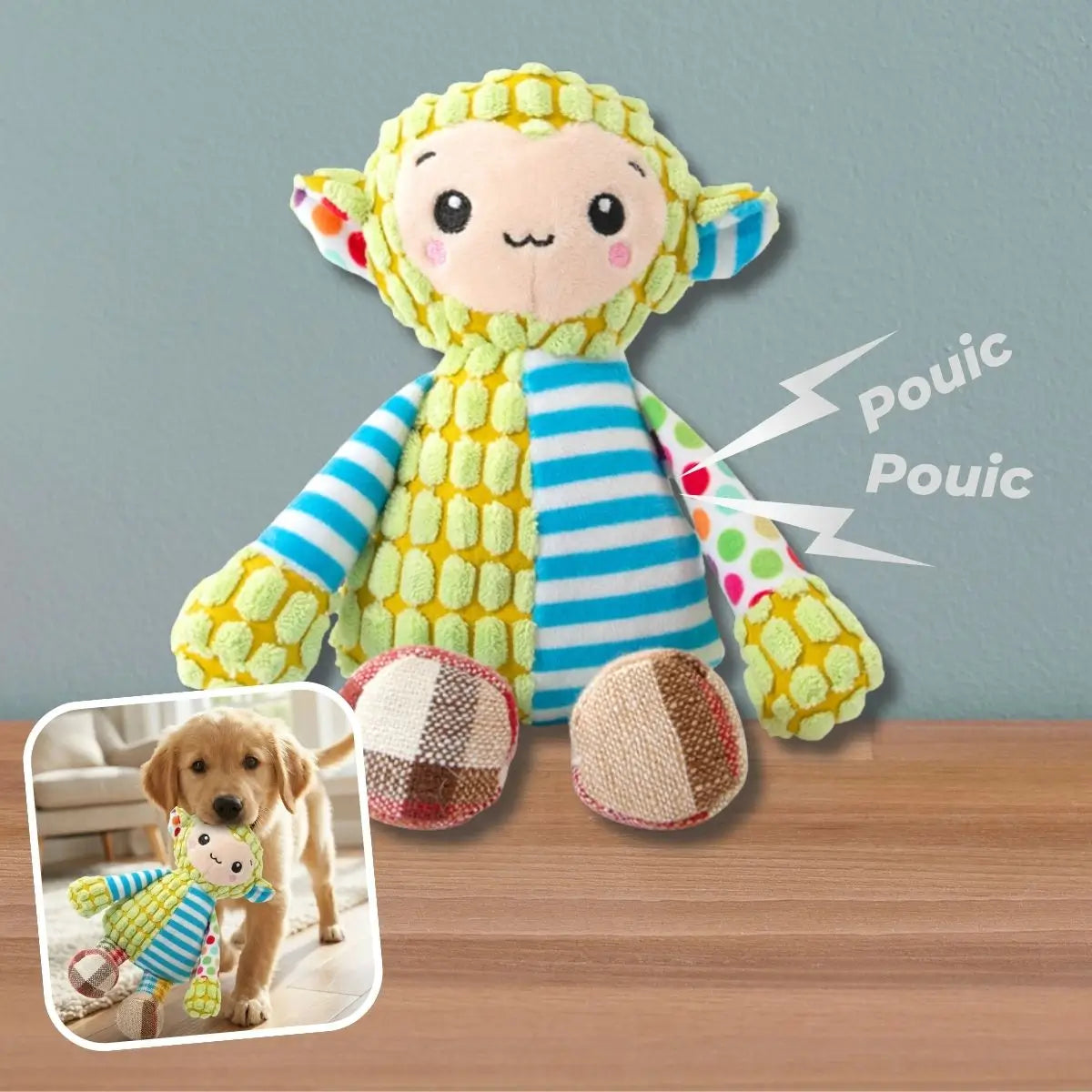 Peluche couineur pour chien Lucky™ modèle mouton jaune et bleu, doudou réconfortant
