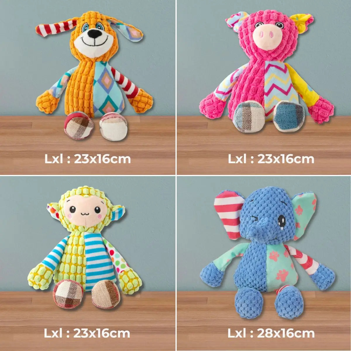 Peluche couineur pour chien – dimensions des 4 modèles (chien, cochon, mouton, éléphant)