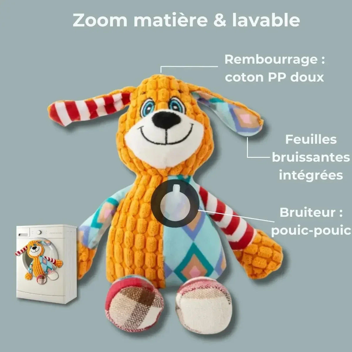 Zoom matière coton PP et bruiteur – peluche interactive pour chien douce et lavable