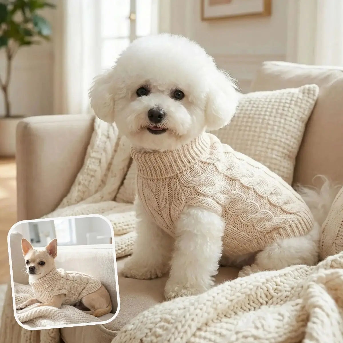 Pull pour chien maille torsadée ivoire col roulé sans manches pour les pattes