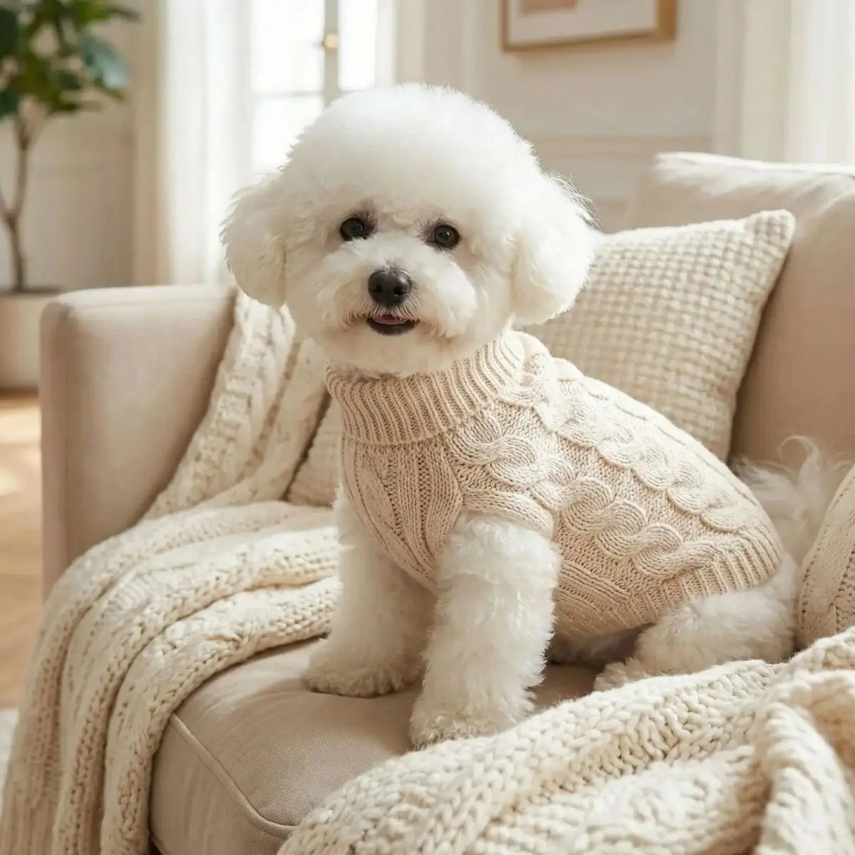 Pull pour chien maille torsadée ivoire avec col roulé porté par un petit chien
