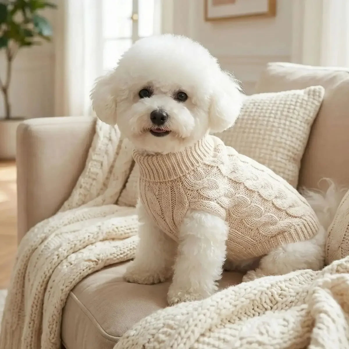 Pull pour chien maille torsadée ivoire avec col roulé porté par un petit chien
