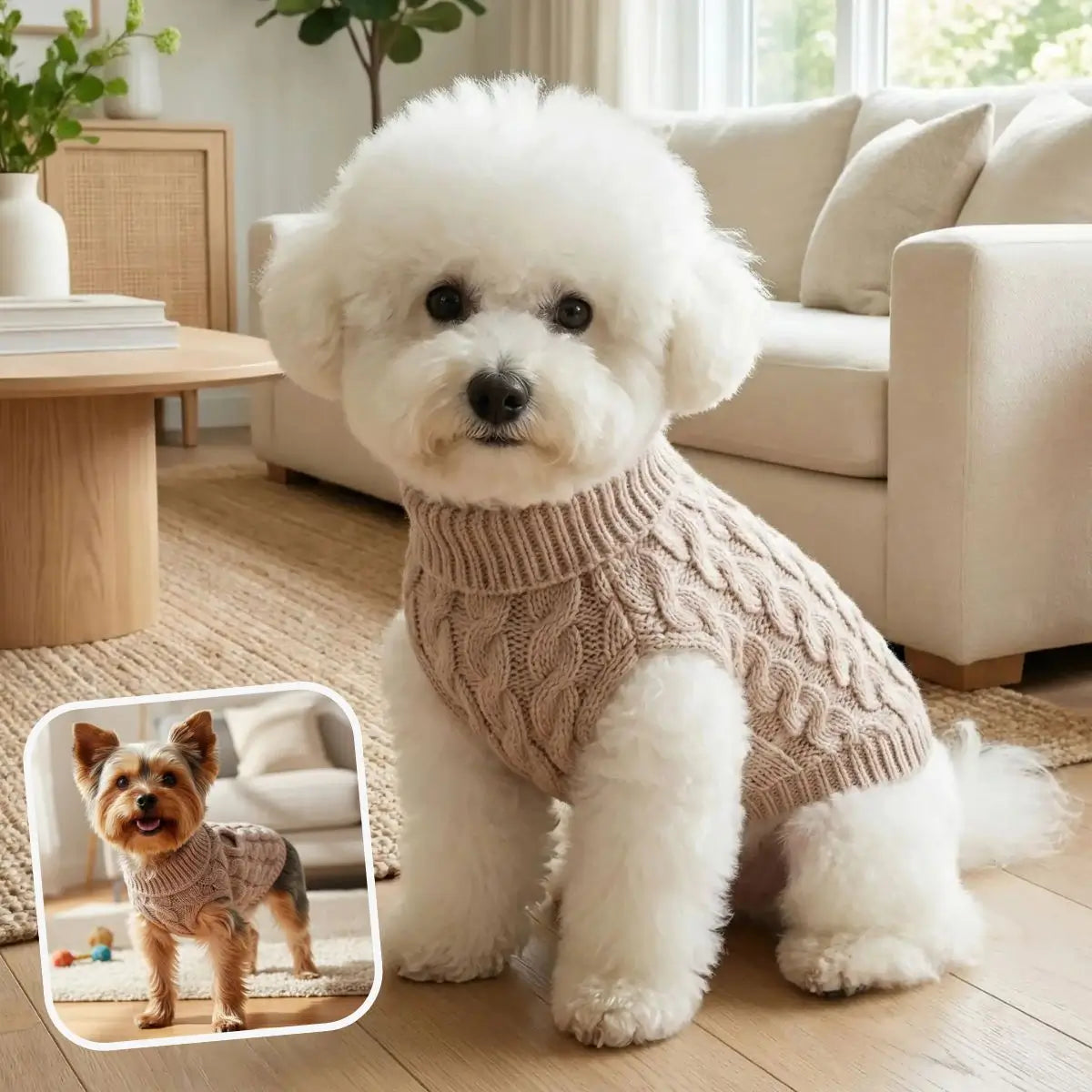 Pull pour chien maille torsadée beige avec col roulé porté par un petit chien