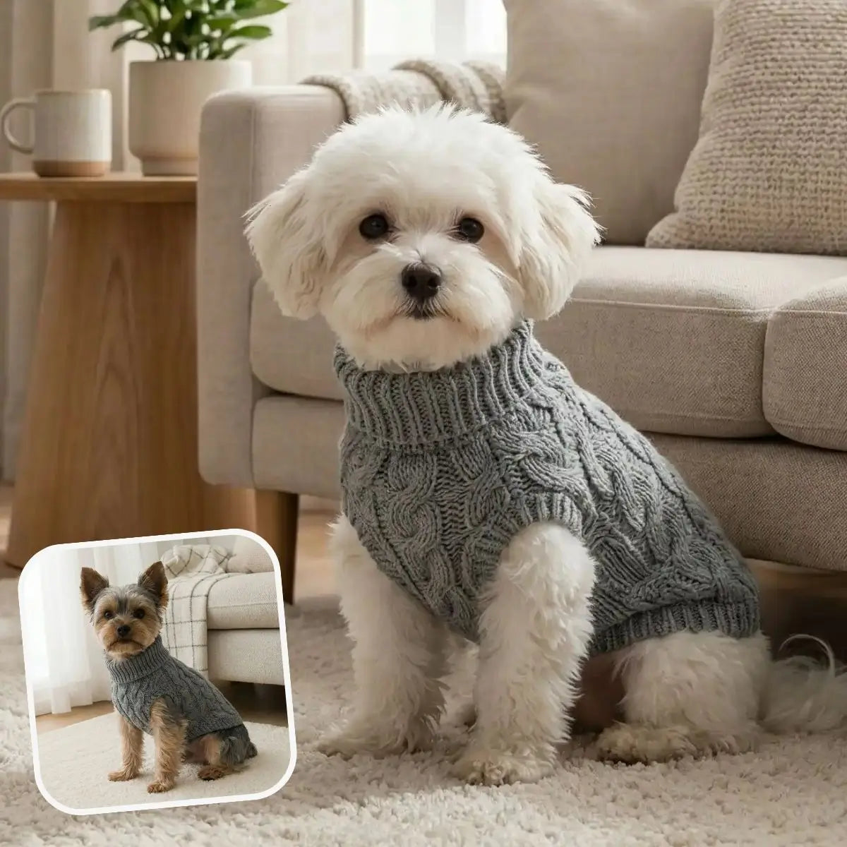 Pull pour chien maille torsadée gris porté par un petit chien en intérieur