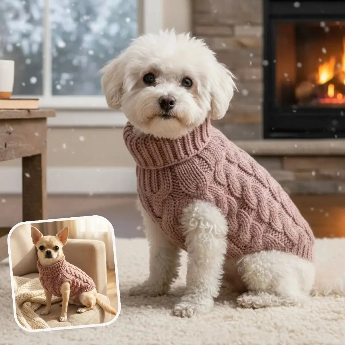 Pull pour chien maille torsadée rose porté par un petit chien en ambiance hiver