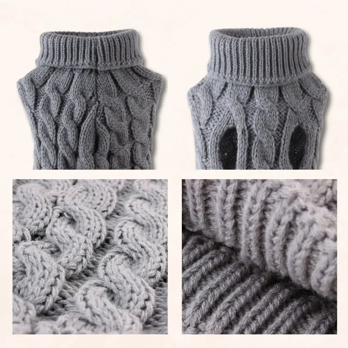 Détail maille torsadée et col roulé du pull pour chien