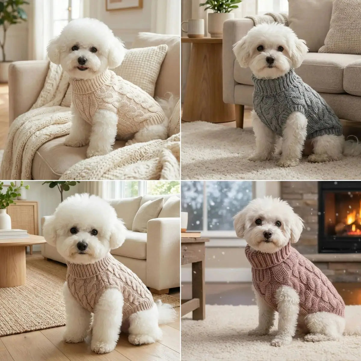 Pull pour chien maille torsadée col roulé comparatif des couleurs ivoire gris beige et rose