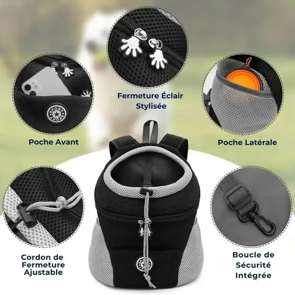 Sac a dos chien PawCarrier™ avec poches, fermeture éclair, attache de sécurité et cordon de fermeture ajustable