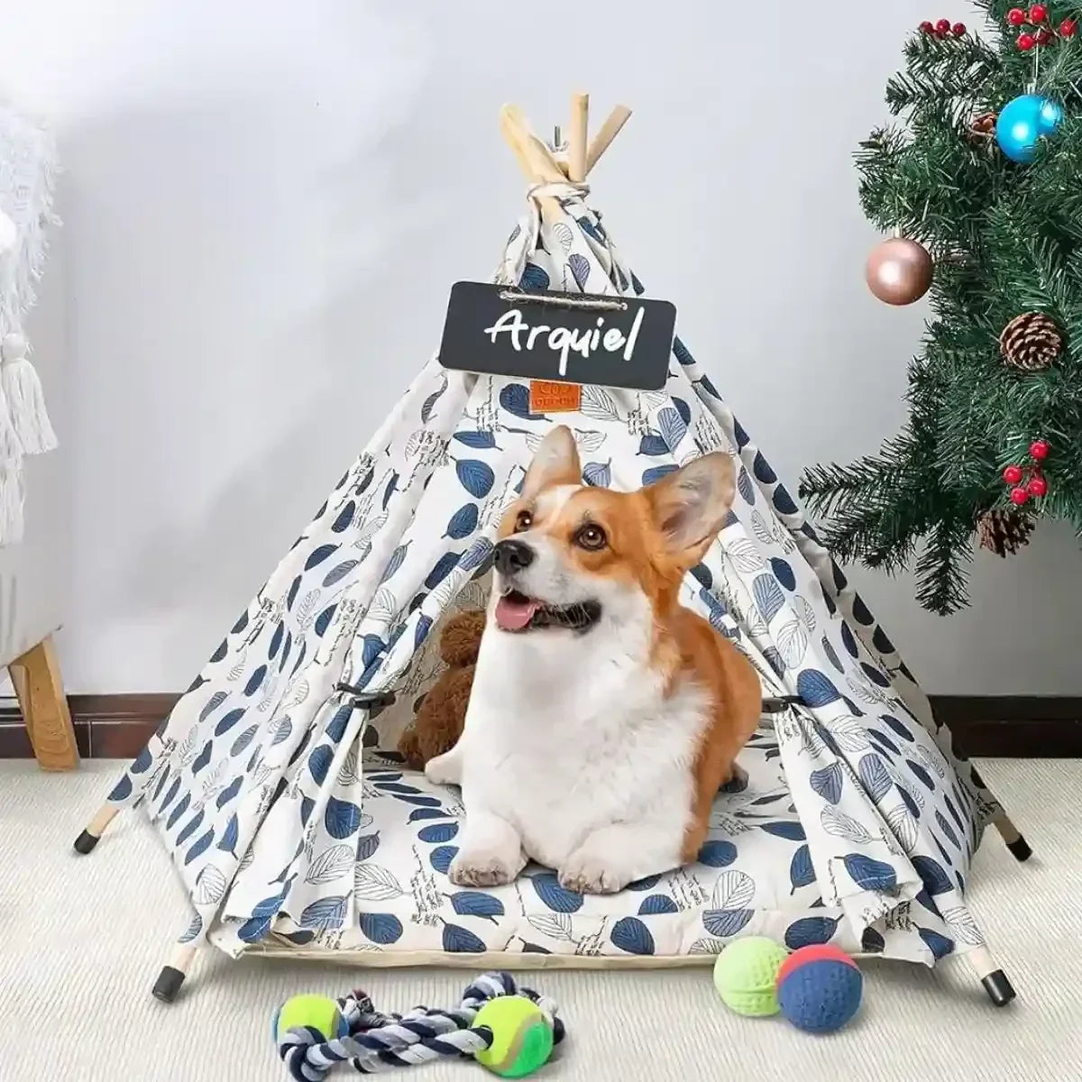 Tipi pour chien SiouxPaw™ avec des feuilles bleues comme motifs