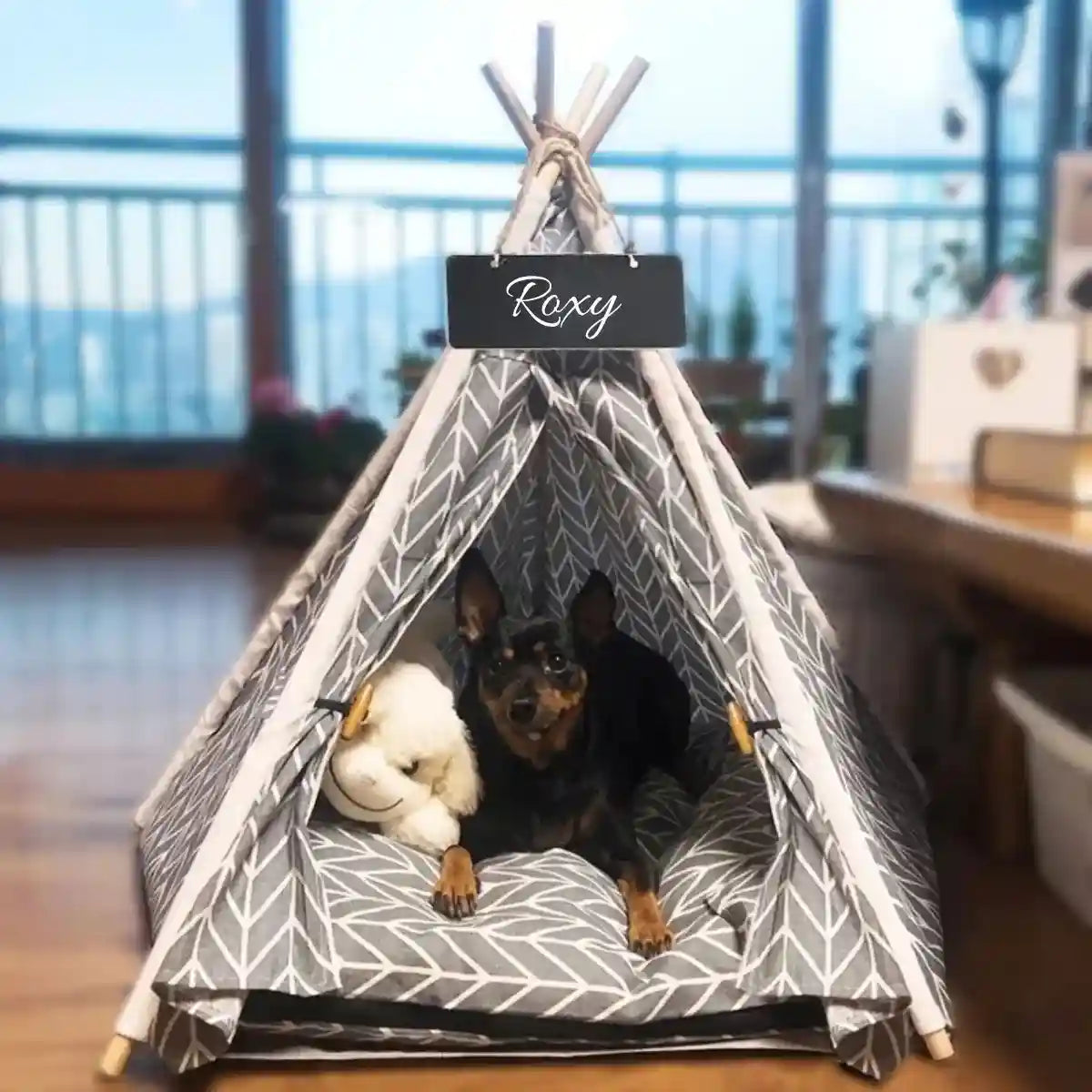Tipi pour chien gris et blanc avec motifs chevrons