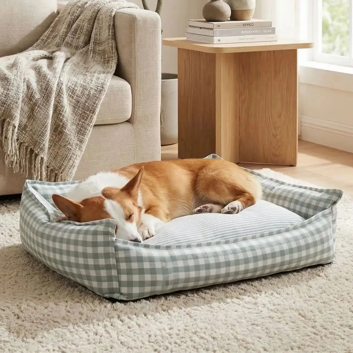 Lit pour chien à carreaux avec chien couché dans un salon lumineux