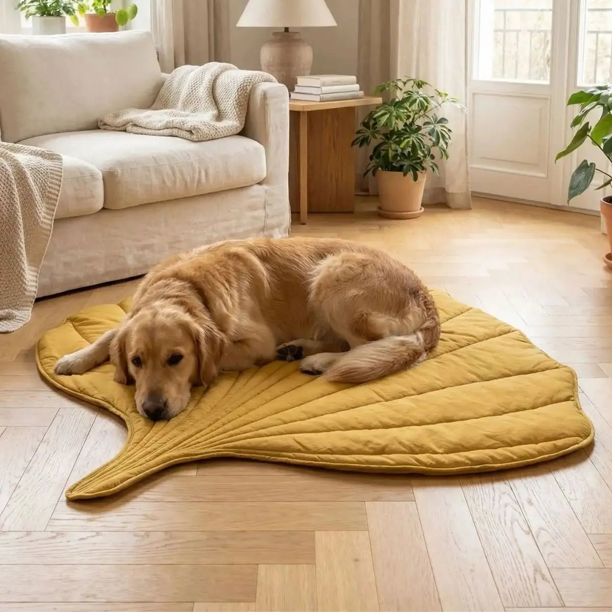 Tapis pour chien jaune en forme de feuille avec chien allongé dans un salon lumineux