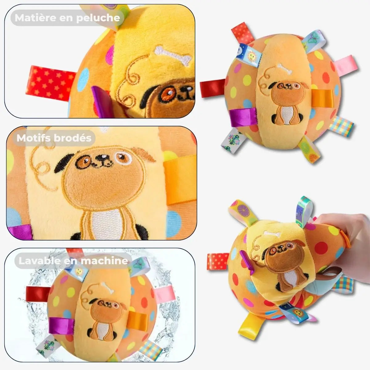 Balle chien en peluche, brodée et lavable