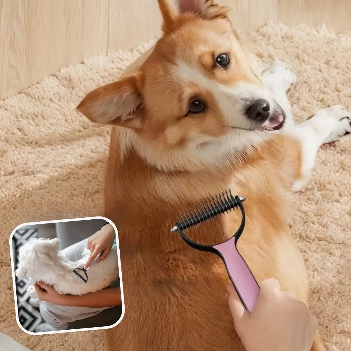 Brosse pour chien poil long DémêlPro en rose, adaptée au démêlage doux.