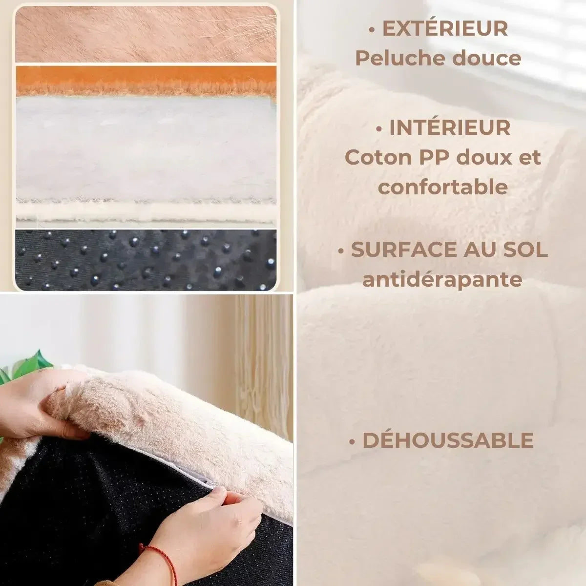 Détails du canapé pour chien : peluche douce, coton PP, dessous antidérapant et housse amovible