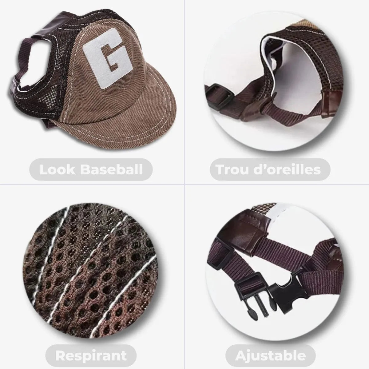 Casquette pour chien marron style baseball, avec trous d'oreilles, respirante et ajustable