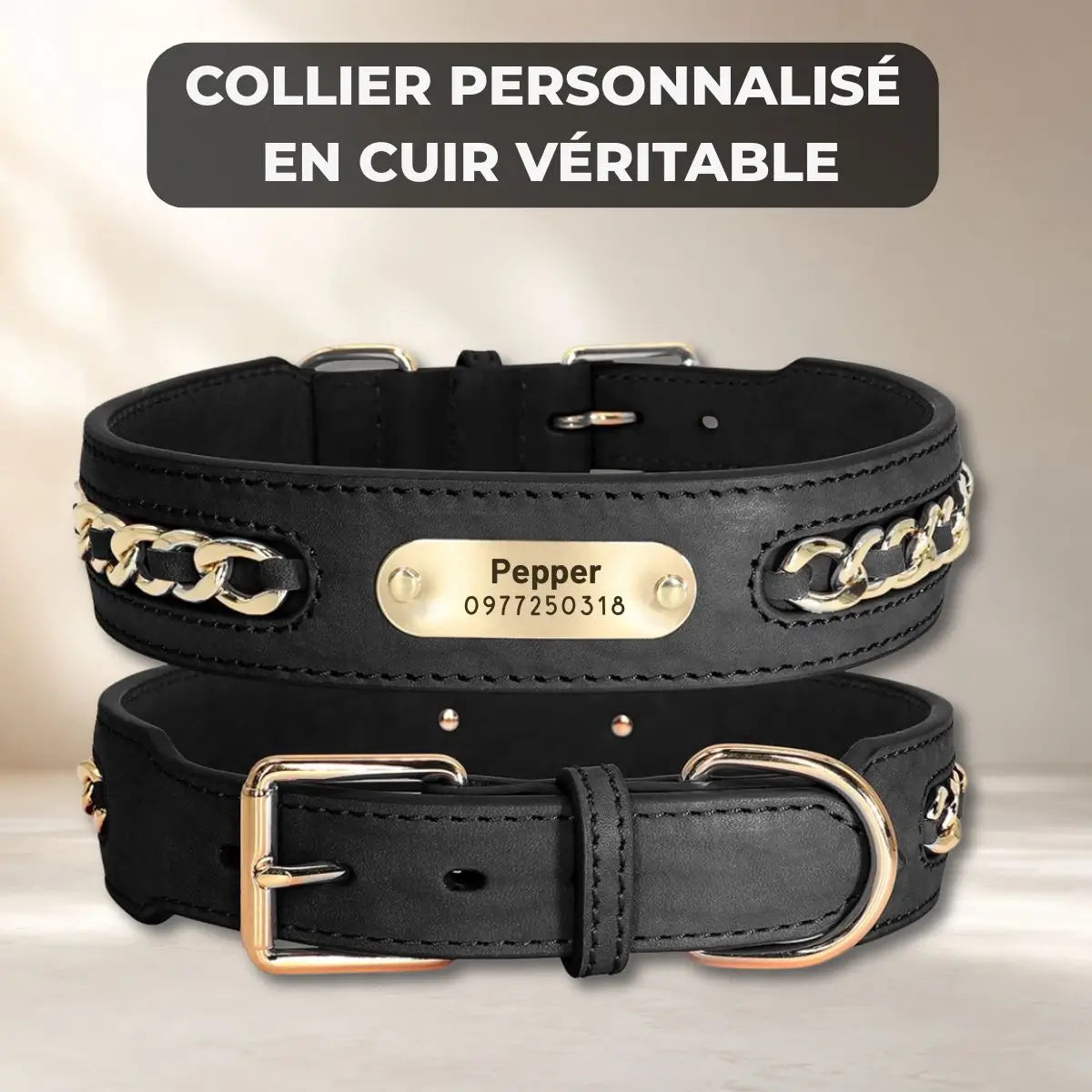 Collier pour chien personnalisé en cuir véritable avec plaque et maillons dorés