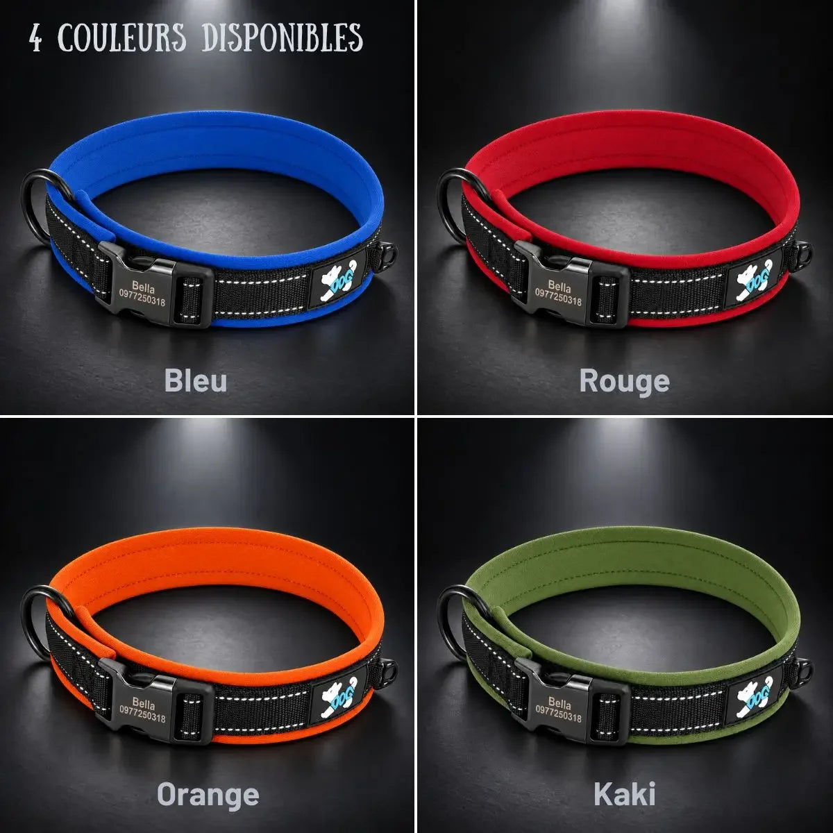 Collier chien personnalisé Lumyna™ disponible en bleu, rouge, orange et kaki
