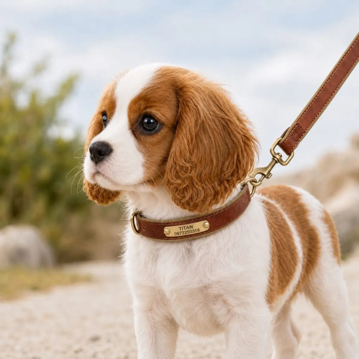 Cavalier King Charles portant le duo TinyID avec collier chiot personnalisé marron et laisse assortie