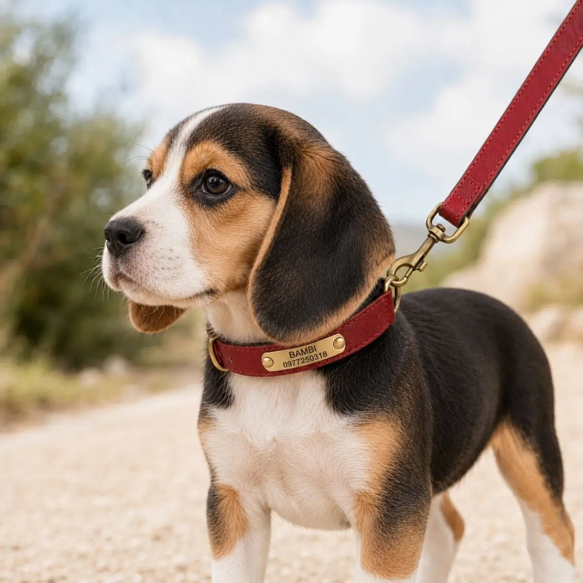 Beagle portant le duo TinyID avec collier chiot personnalisé rouge et laisse assortie