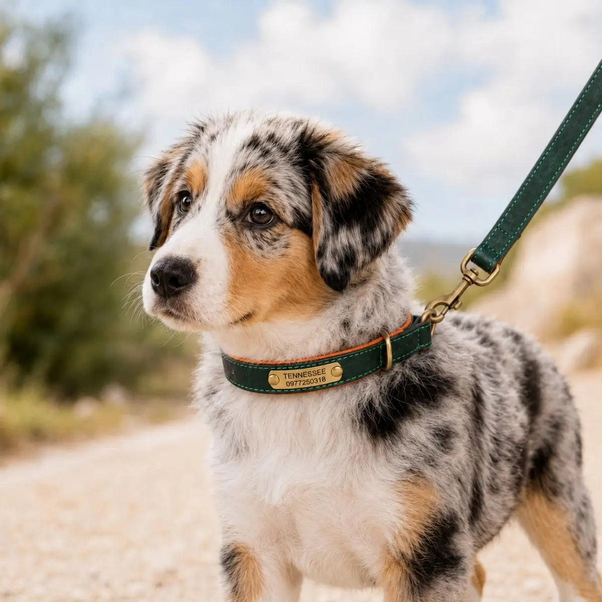 Berger australien portant le duo TinyID avec collier chiot personnalisé vert et laisse assortie