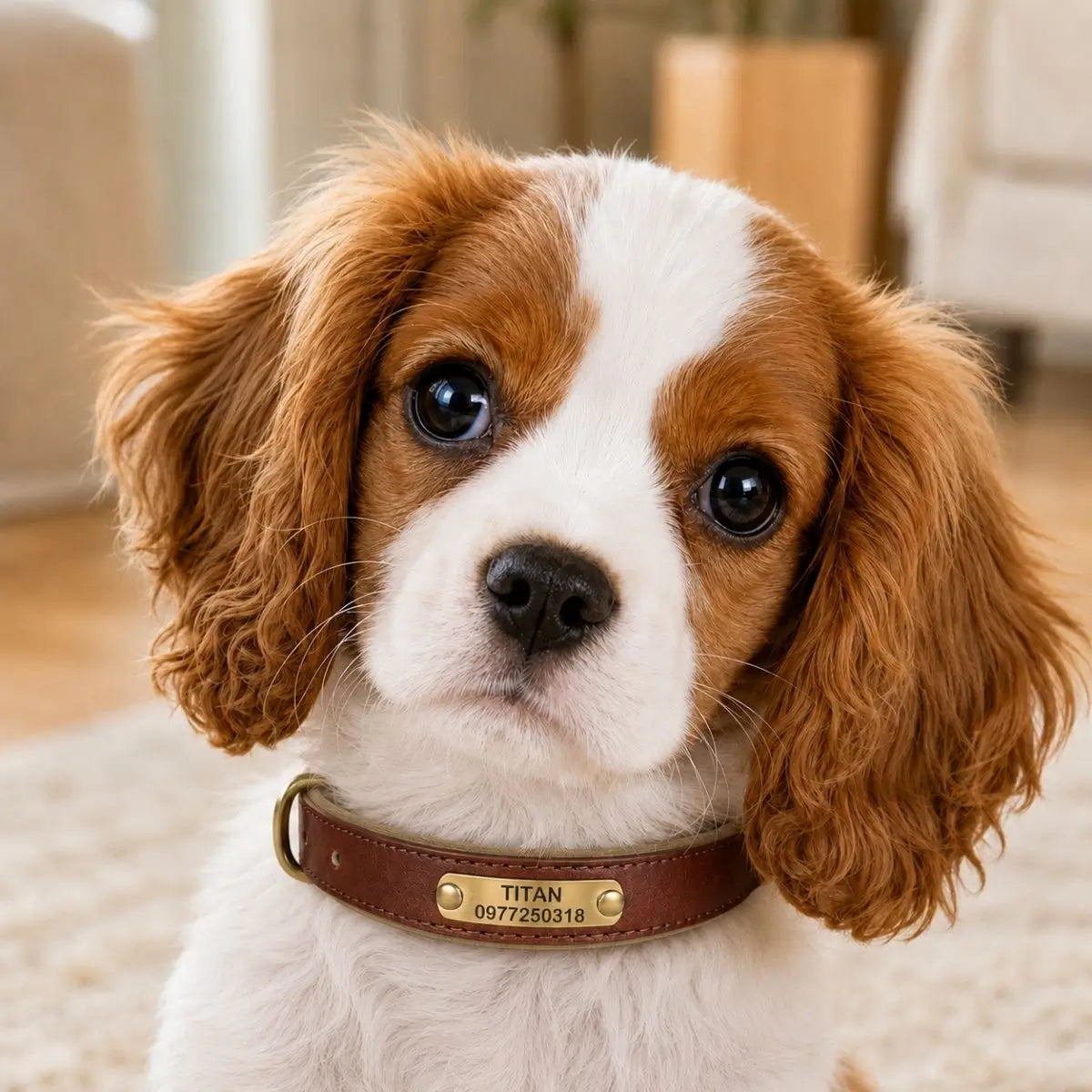 Collier chiot personnalisé marron TinyID porté par un cavalier King Charles