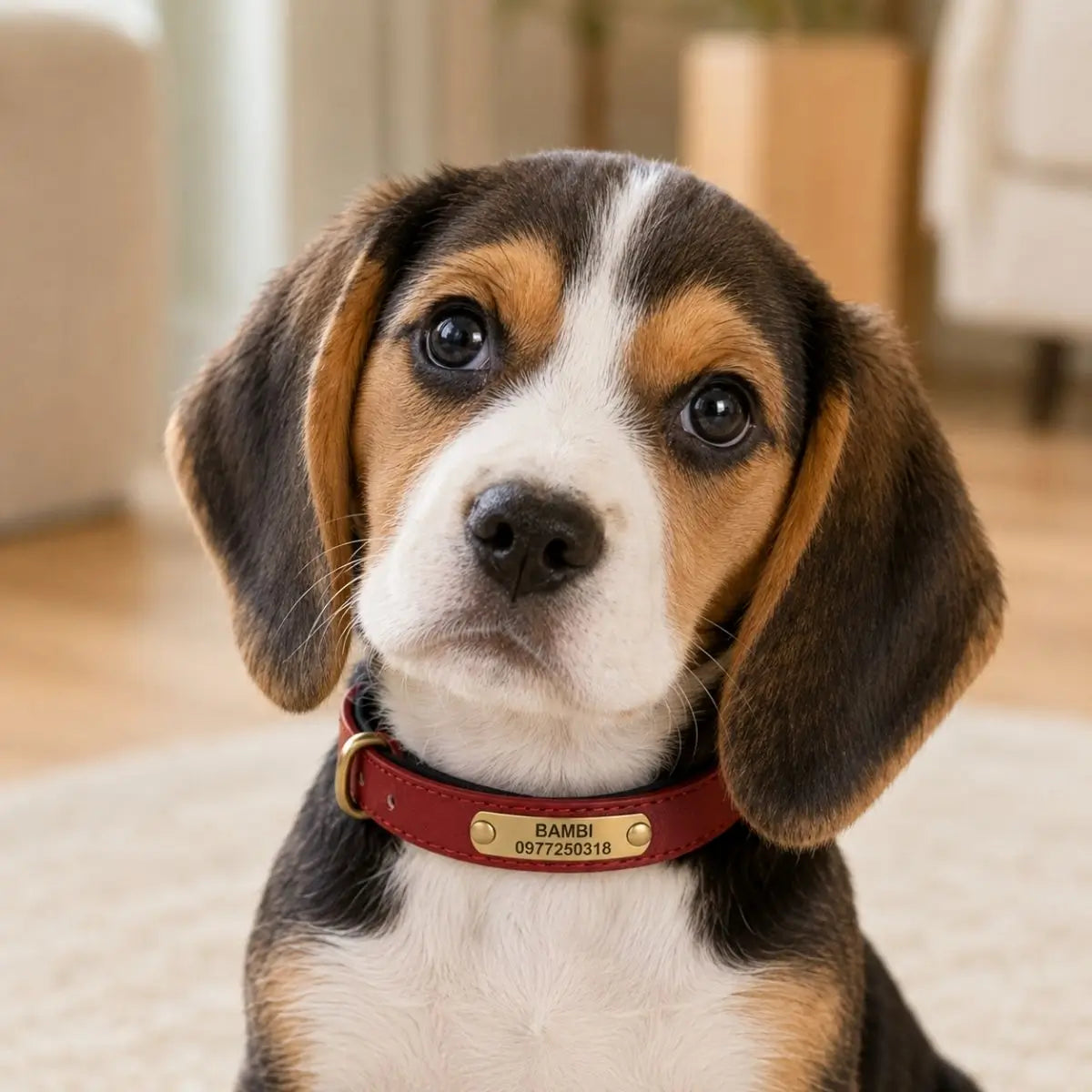 Collier chiot personnalisé rouge TinyID porté par un beagle