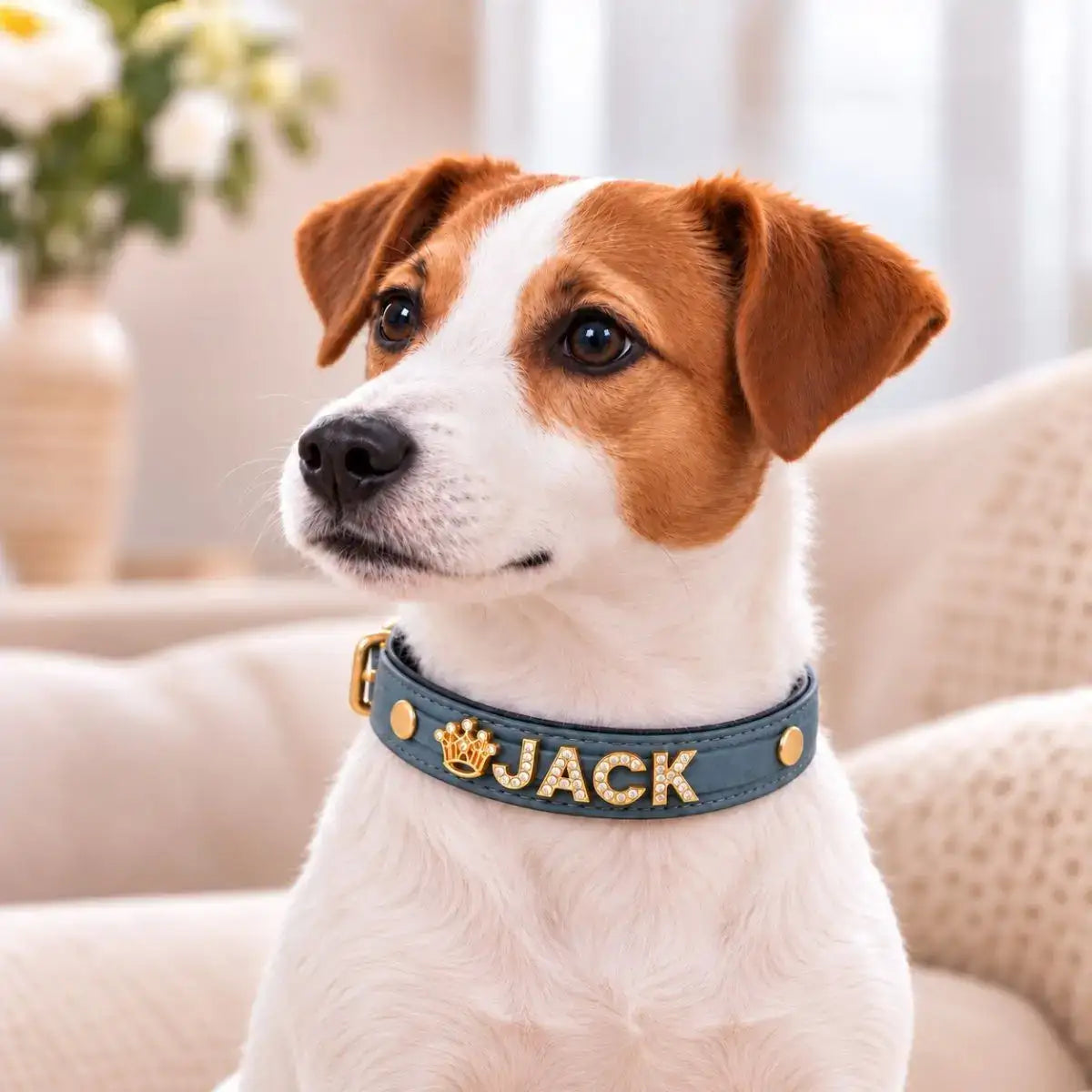 Collier personnalisé Bijoya™ bleu ardoise avec prénom JACK en lettres strass et charm couronne, porté par un Jack Russell