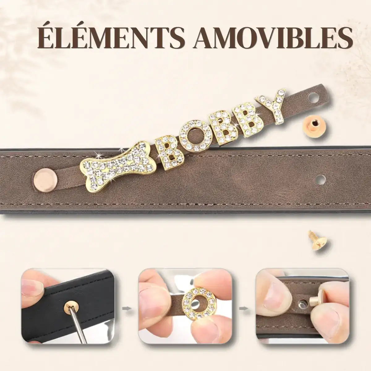 Lettres et charms amovibles du collier Bijoya™ : montage sur la lanière de fixation avec un tournevis et resserrage des vis