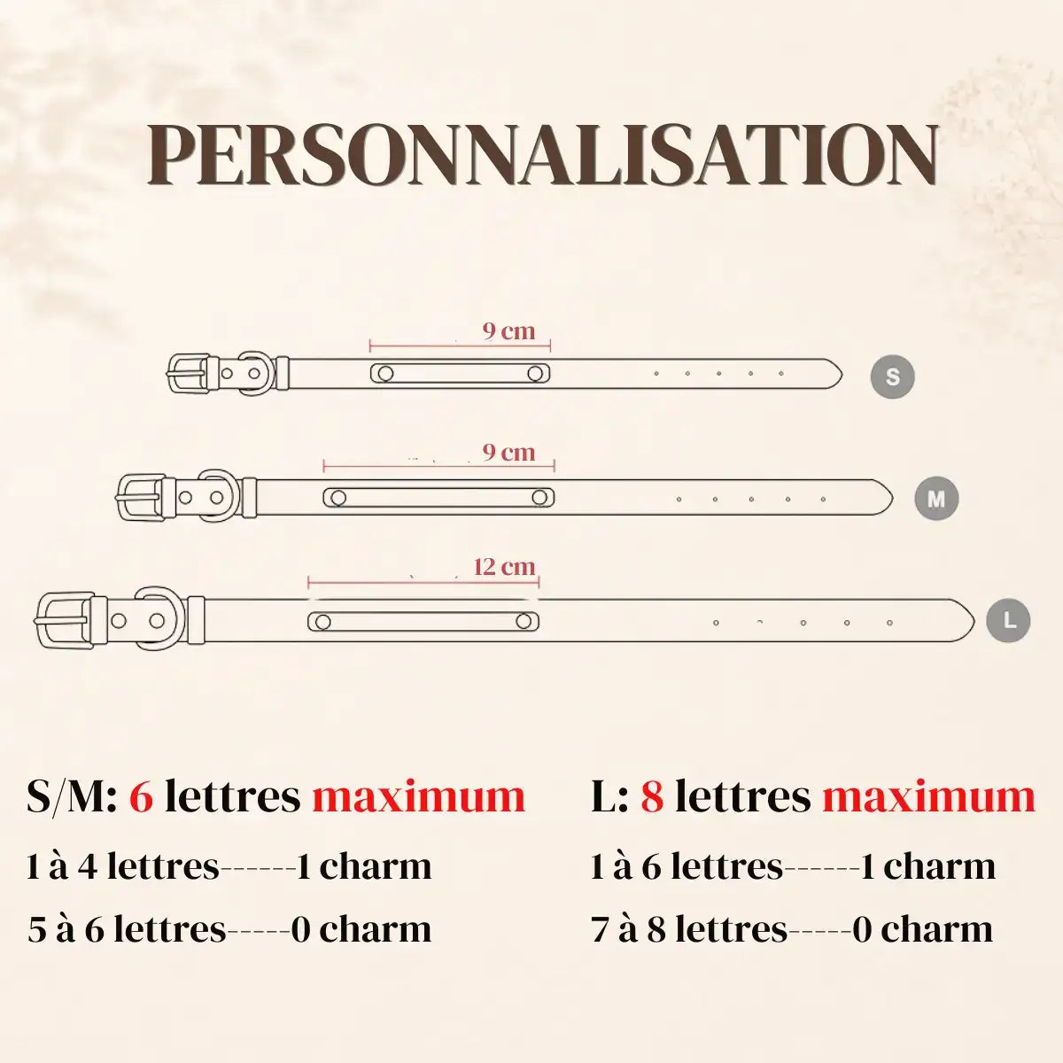 Guide de personnalisation du collier Bijoya™ : lanière de fixation de 9 cm en S et M, de 12 cm en L, nombre de lettres et de charms par taille