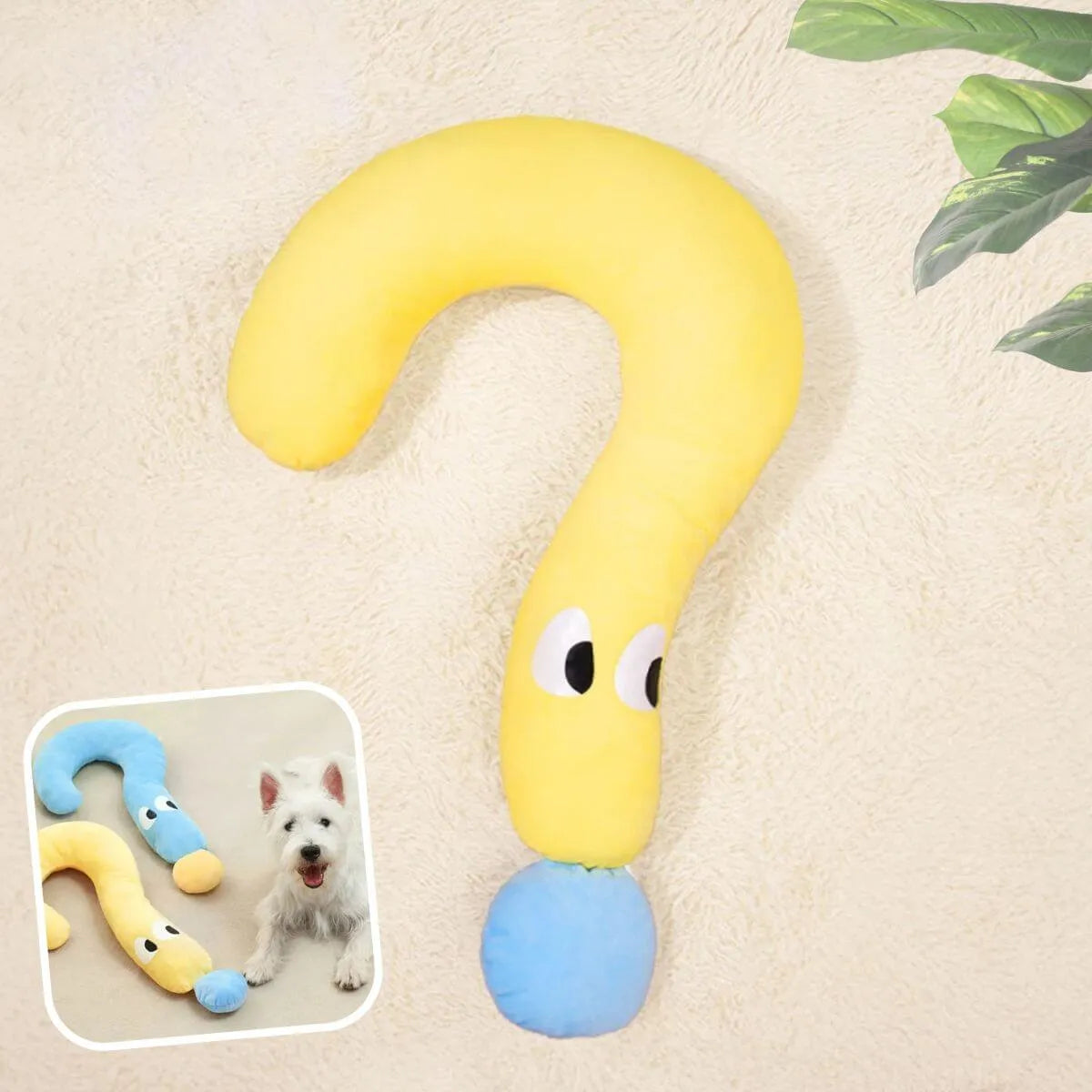 coussin chien jaune taille M en forme de point d'interrogation