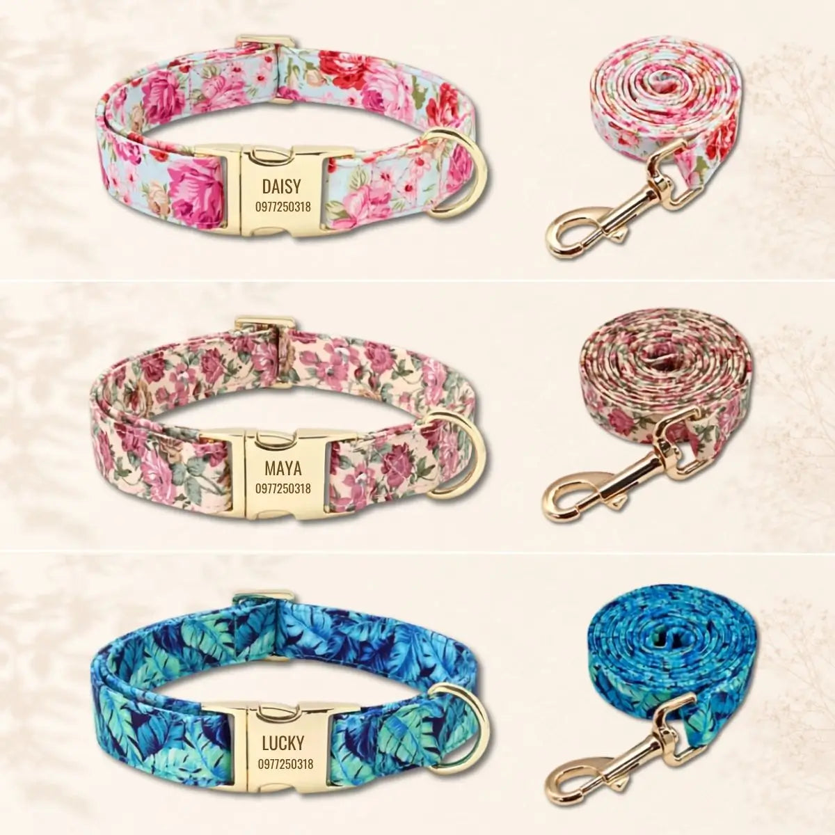 Trois ensembles collier et laisse pour chien rose, beige et bleu à motifs floraux