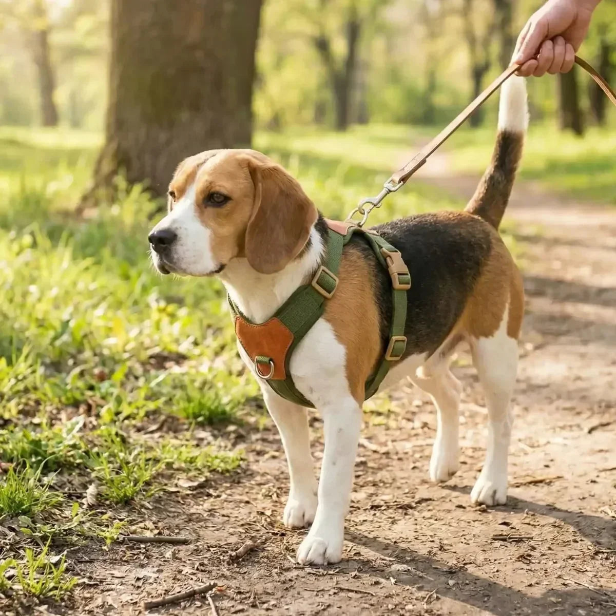 Harnais confortable pour chien en Y vert kaki porté par un chien en balade