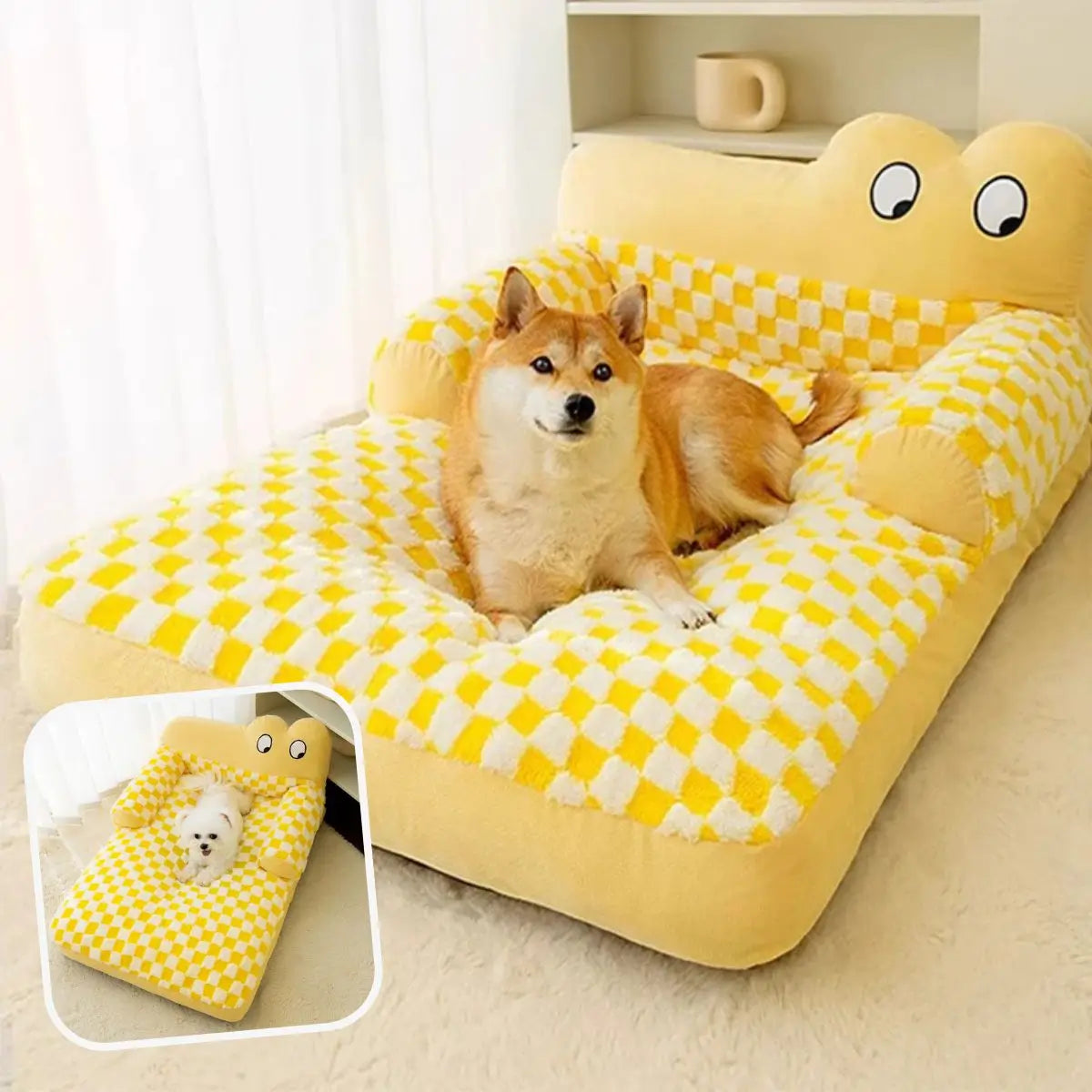 Panier pour chien original jaune avec coussin moelleux et motif à carreaux