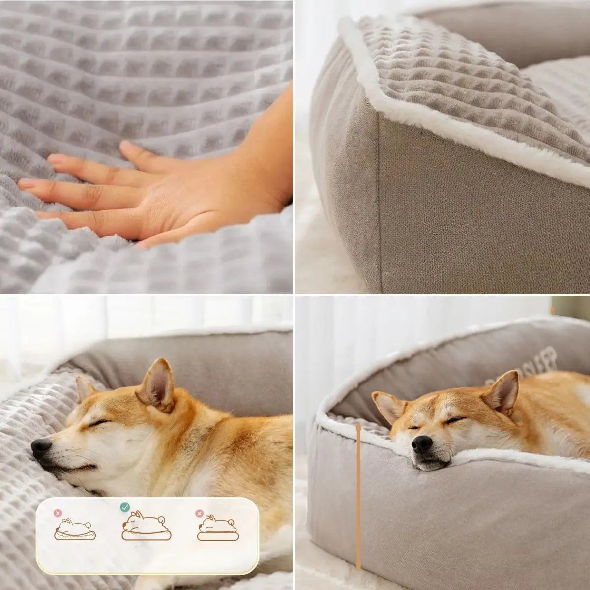 Détails du tissu doux et rembourrage du panier pour chien DooRêve™, confort optimal