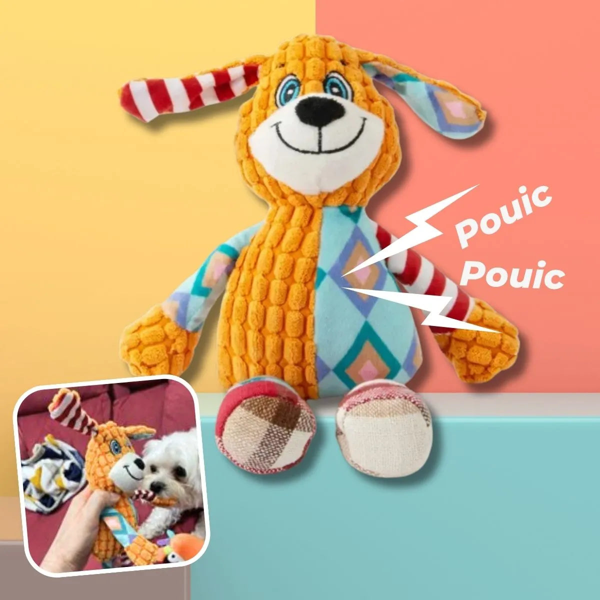 Peluche couineur pour chien Lucky™ modèle chien orange avec bruiteur intégré